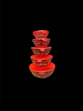 Set of 5 Vintage Glass Nesting Bowls With Lids- Fruit Design